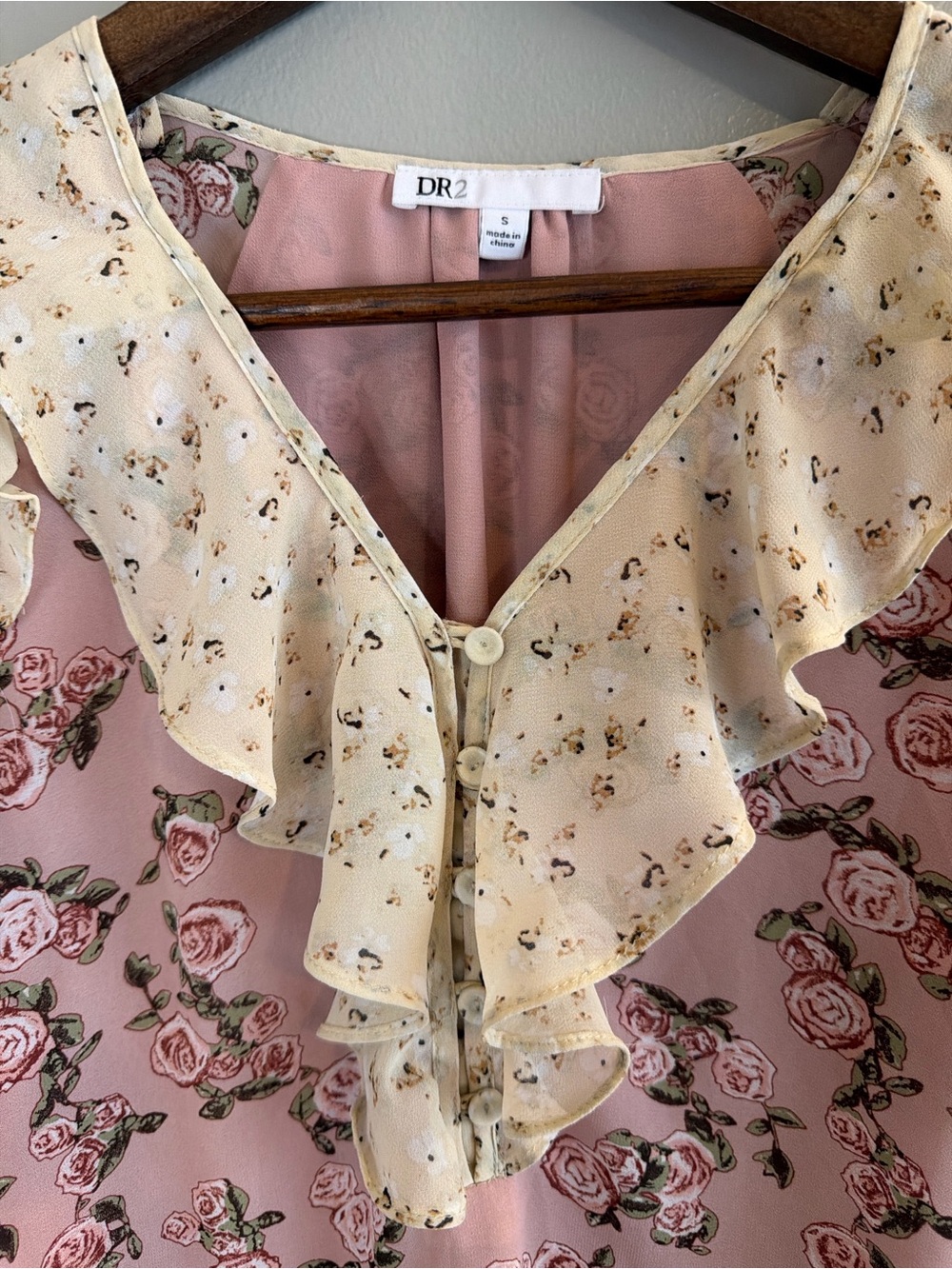 DR2 Pink Rose Floral Ruffle Blouse Small Cottagecore Romantic Boho - Picture 5 of 11